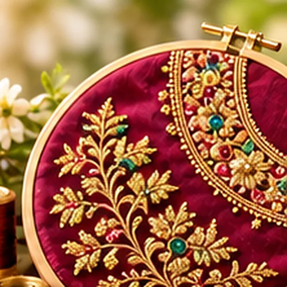 Gold Aari embroidery with green stones on maroon silk, stretched on an embroidery hoop