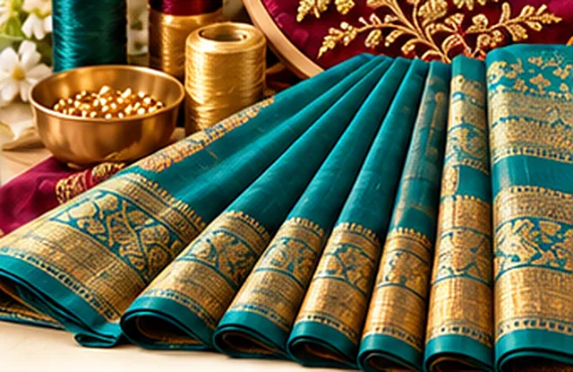 A teal silk saree with a gold border, neatly folded into pleats