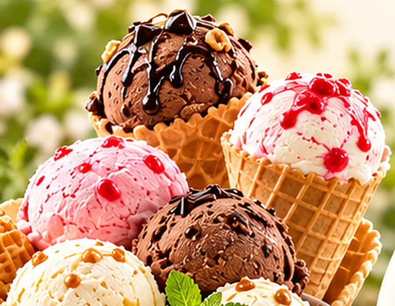 Scoops of chocolate, strawberry and vanilla-coloured ice cream in waffle cones