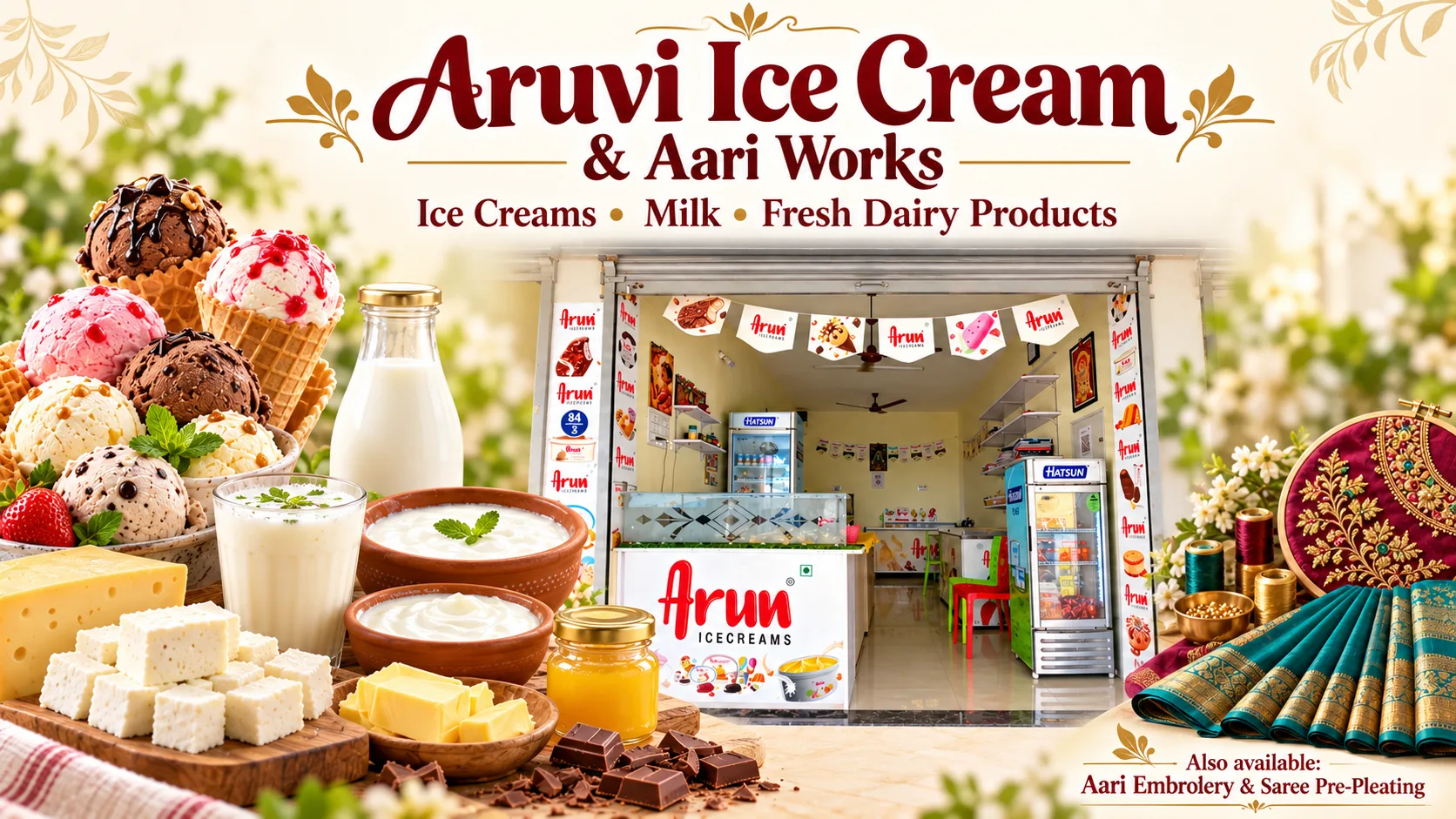 The Aruvi Ice Cream & Aari Works banner showing ice creams, dairy products, the shop and Aari work