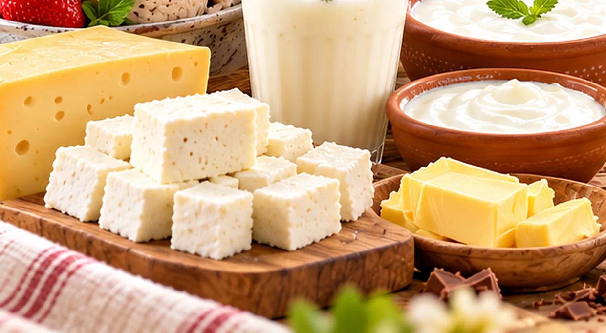 Paneer cubes, butter, clay bowls of curd and a jar of ghee on a wooden table