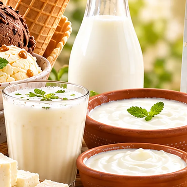 A bottle of milk, a glass of buttermilk and clay bowls of curd