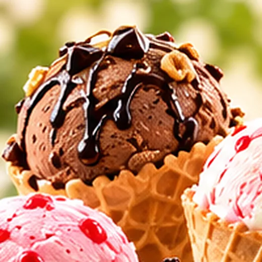 A round scoop of chocolate ice cream with chocolate sauce and nuts