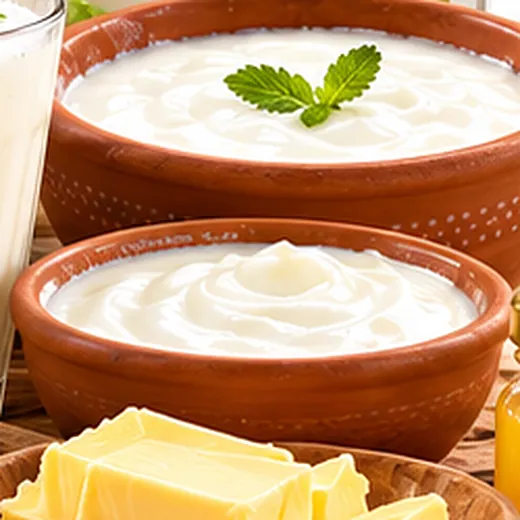 Two clay bowls of thick white curd, one topped with a mint leaf