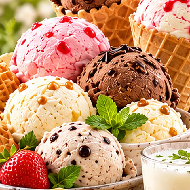 Scoops of pink, chocolate and vanilla-coloured ice cream with a strawberry and mint