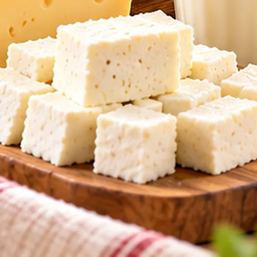 Cubes of paneer on a wooden board